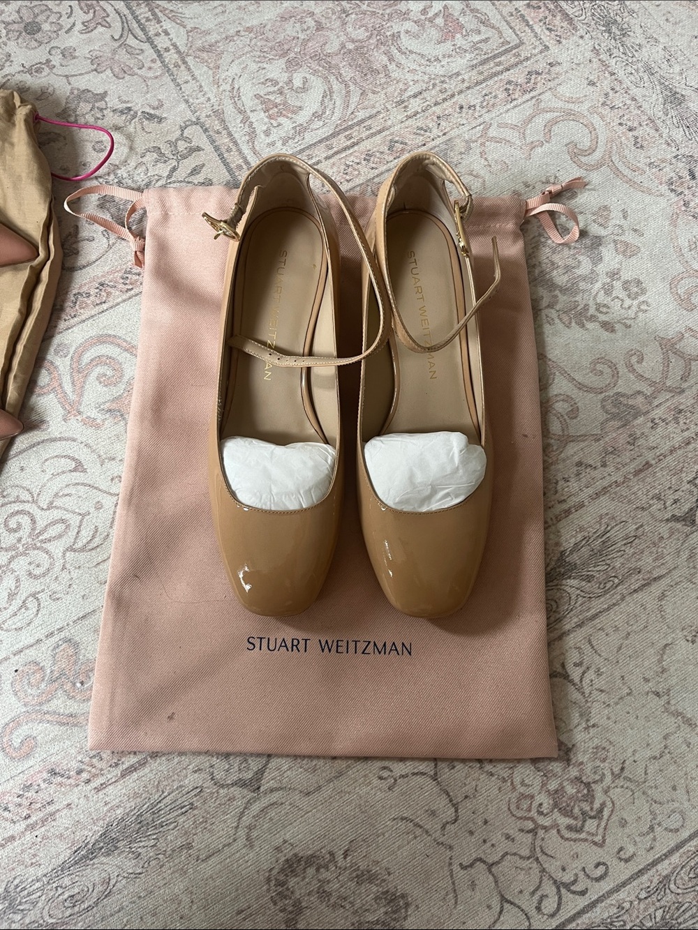Stuart Weitzman Patent Leather Mary Jane Heels in Tan